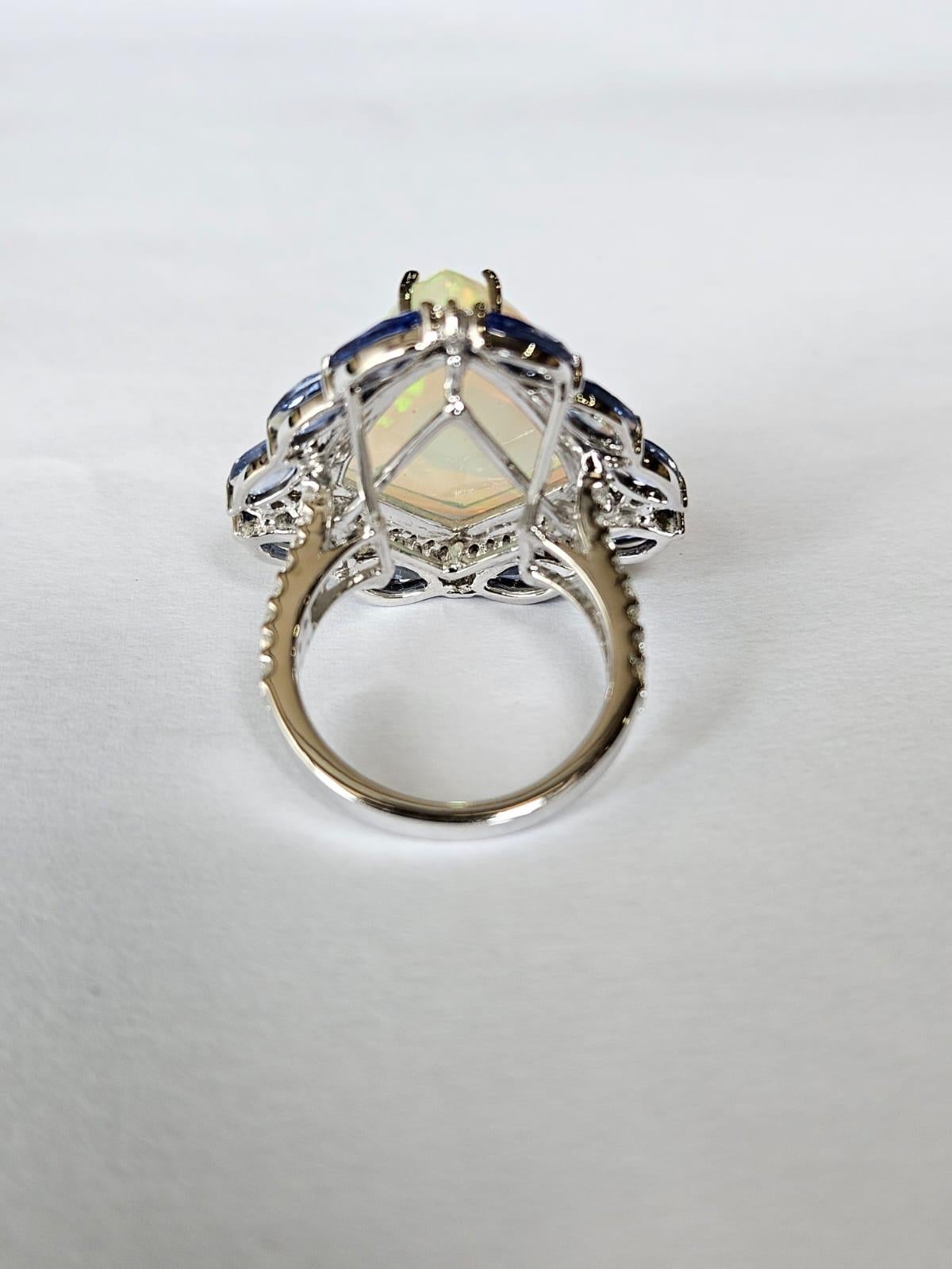Set in 18K Gold, Ethiopian Opal, Blue Sapphires & Diamonds Cocktail Dome Ring For Sale 3