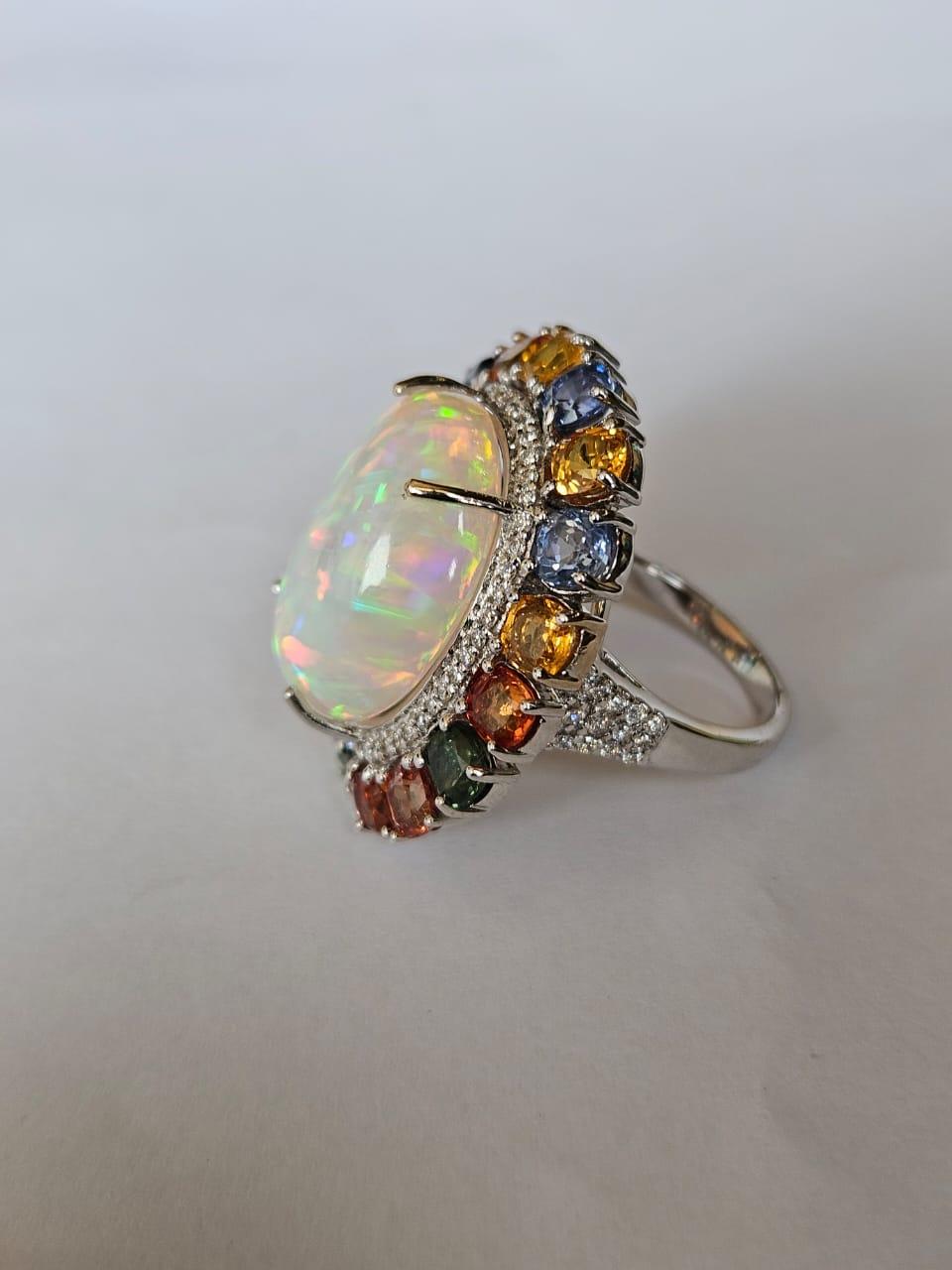 Set in 18K Gold, Ethiopian Opal, Ceylon Multi Sapphires & Diamond Cocktail Ring For Sale 4