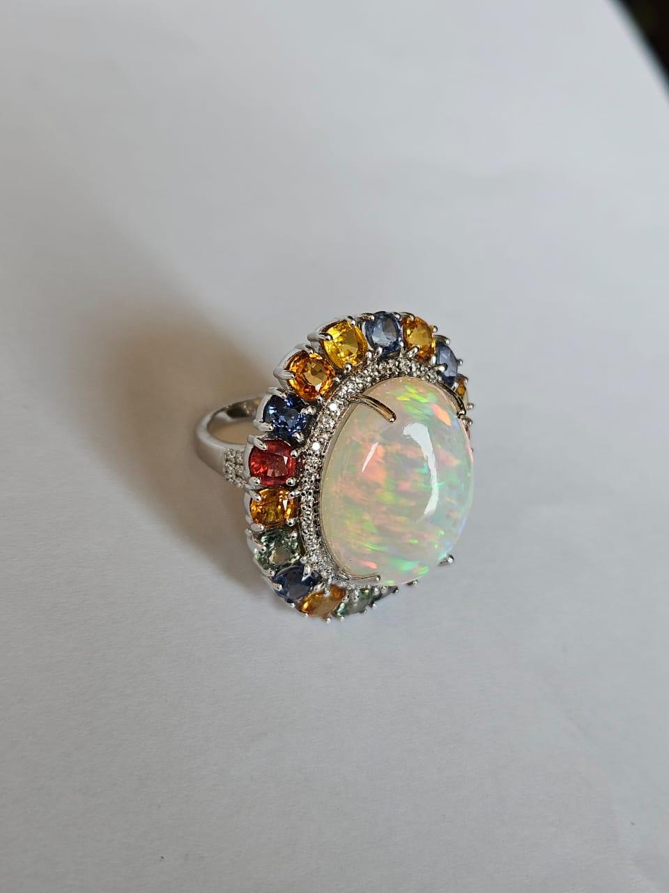 Set in 18K Gold, Ethiopian Opal, Ceylon Multi Sapphires & Diamond Cocktail Ring For Sale 5