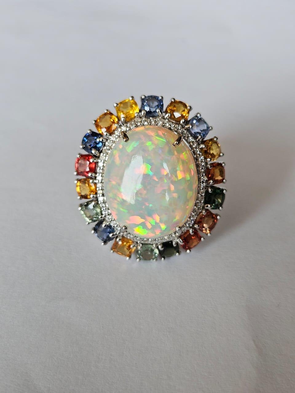 Set in 18K Gold, Ethiopian Opal, Ceylon Multi Sapphires & Diamond Cocktail Ring For Sale 6
