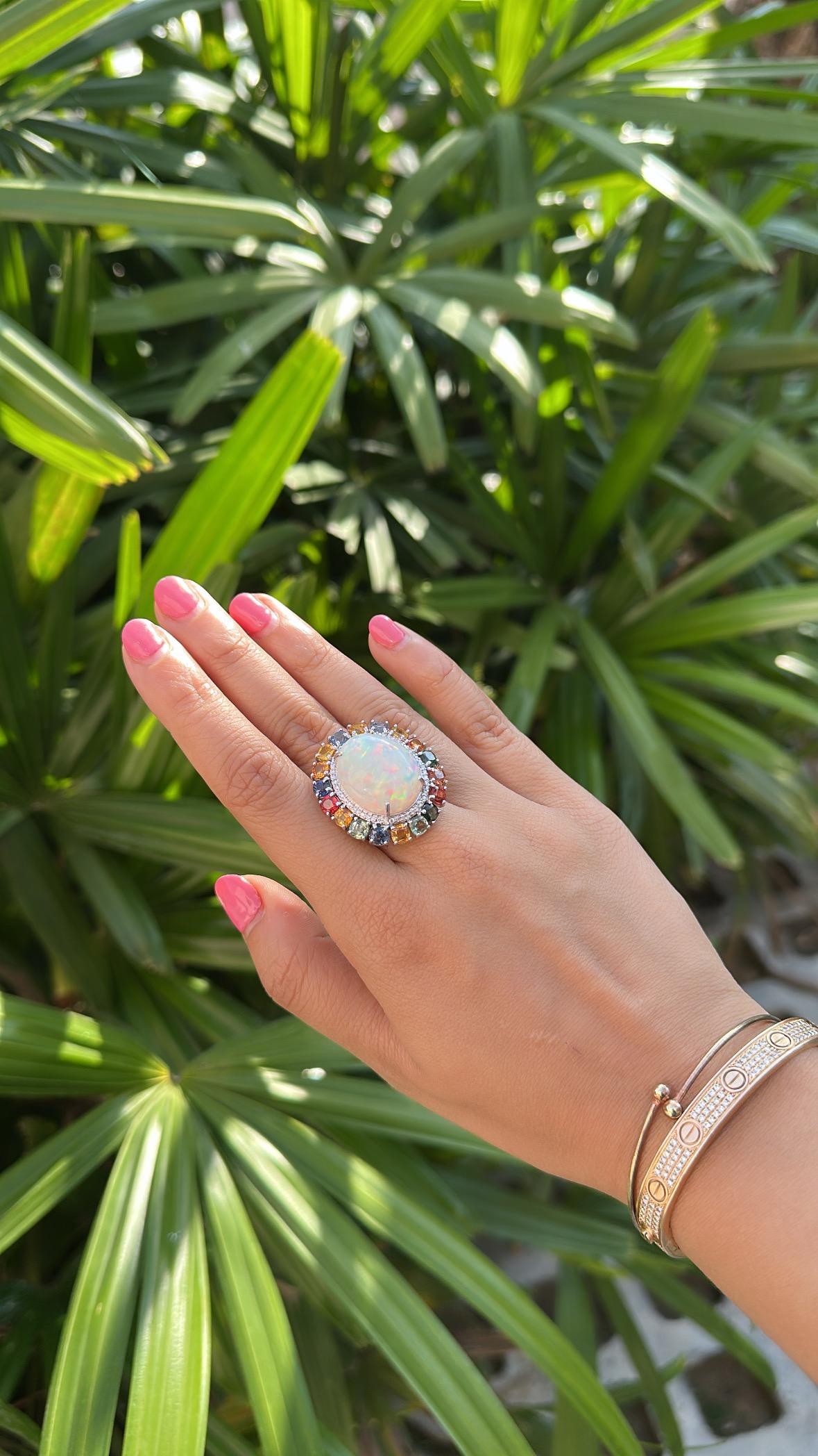 Modern Set in 18K Gold, Ethiopian Opal, Ceylon Multi Sapphires & Diamond Cocktail Ring For Sale