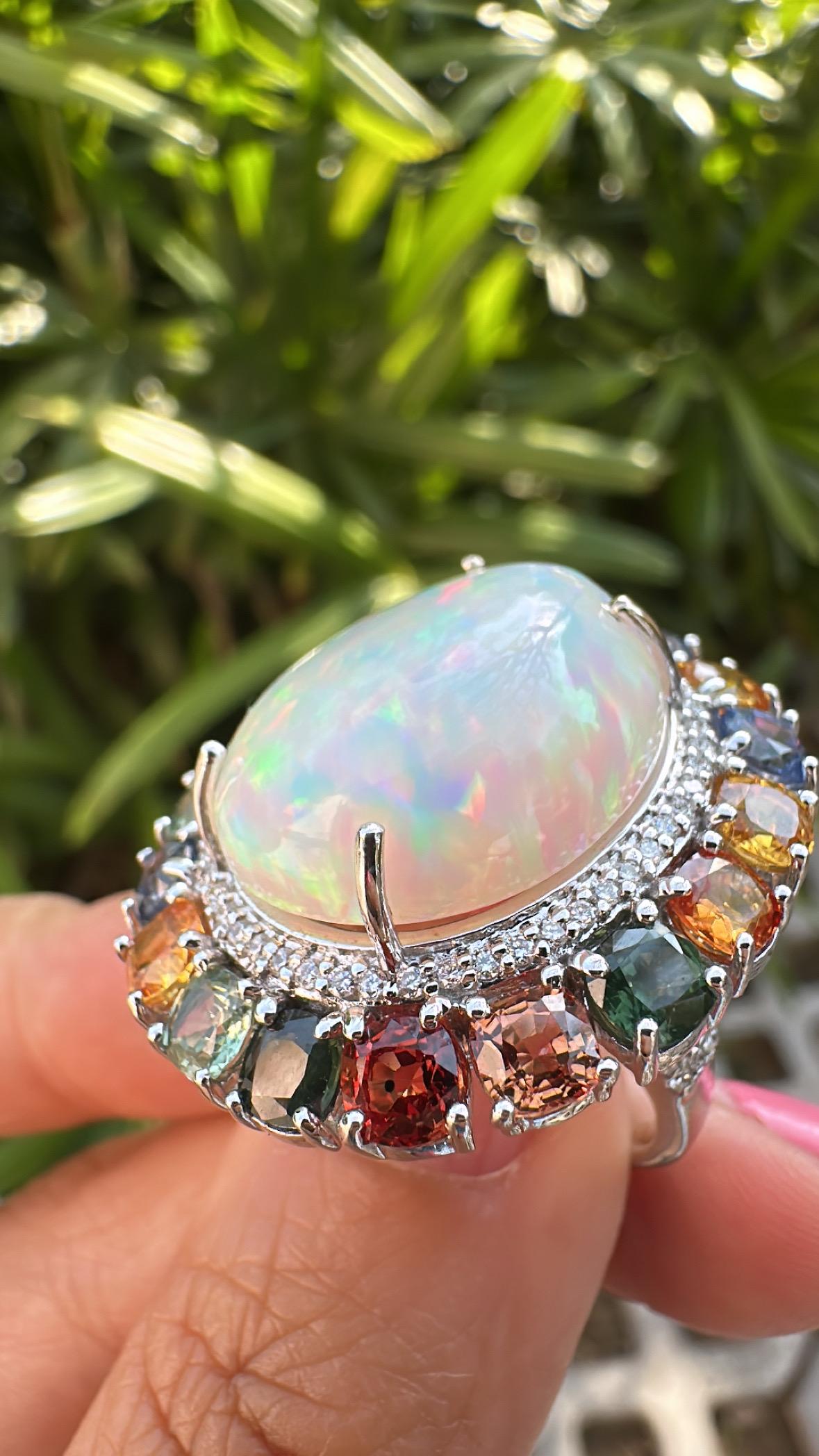 Cabochon Set in 18K Gold, Ethiopian Opal, Ceylon Multi Sapphires & Diamond Cocktail Ring For Sale