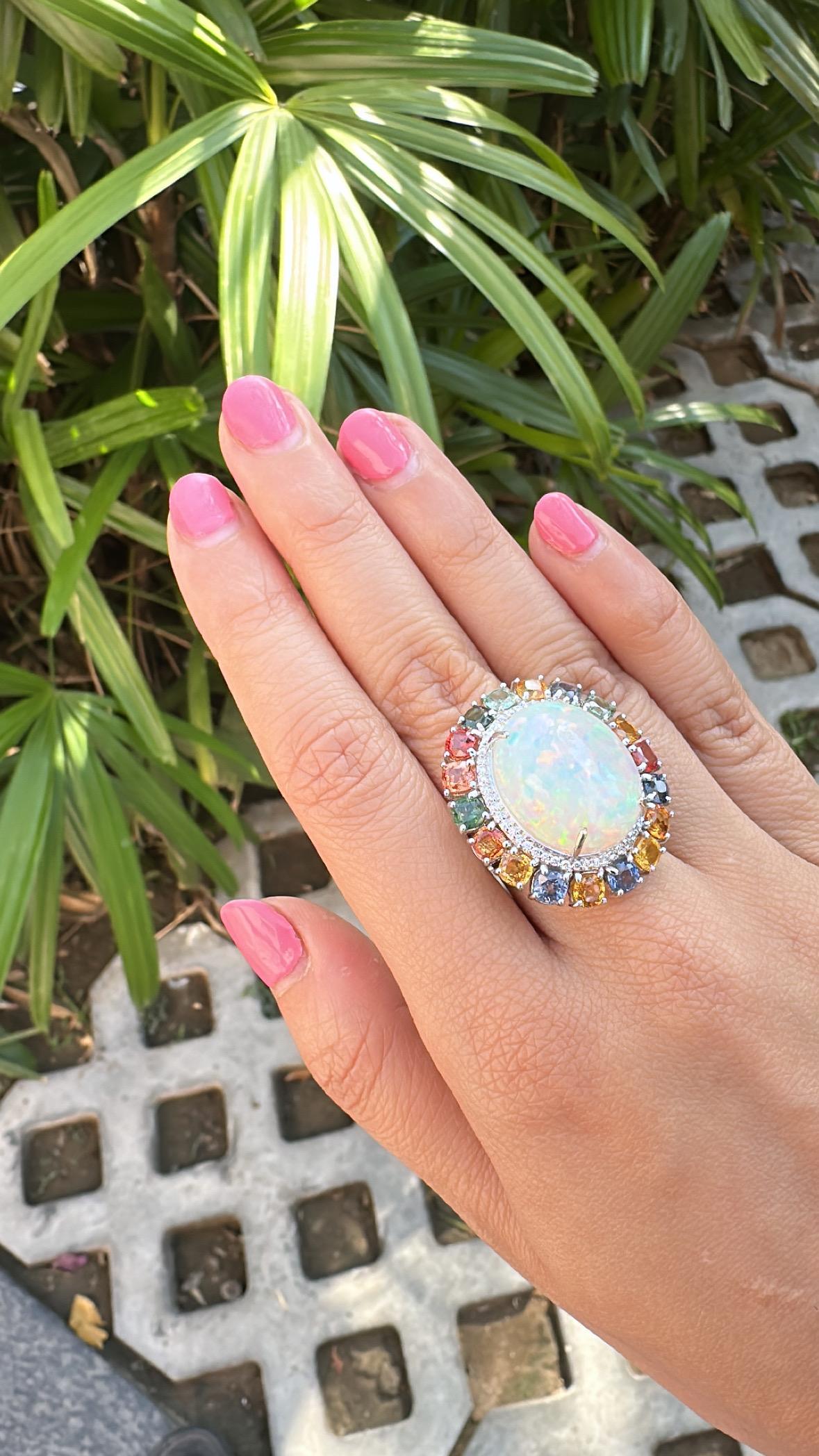 Women's or Men's Set in 18K Gold, Ethiopian Opal, Ceylon Multi Sapphires & Diamond Cocktail Ring For Sale