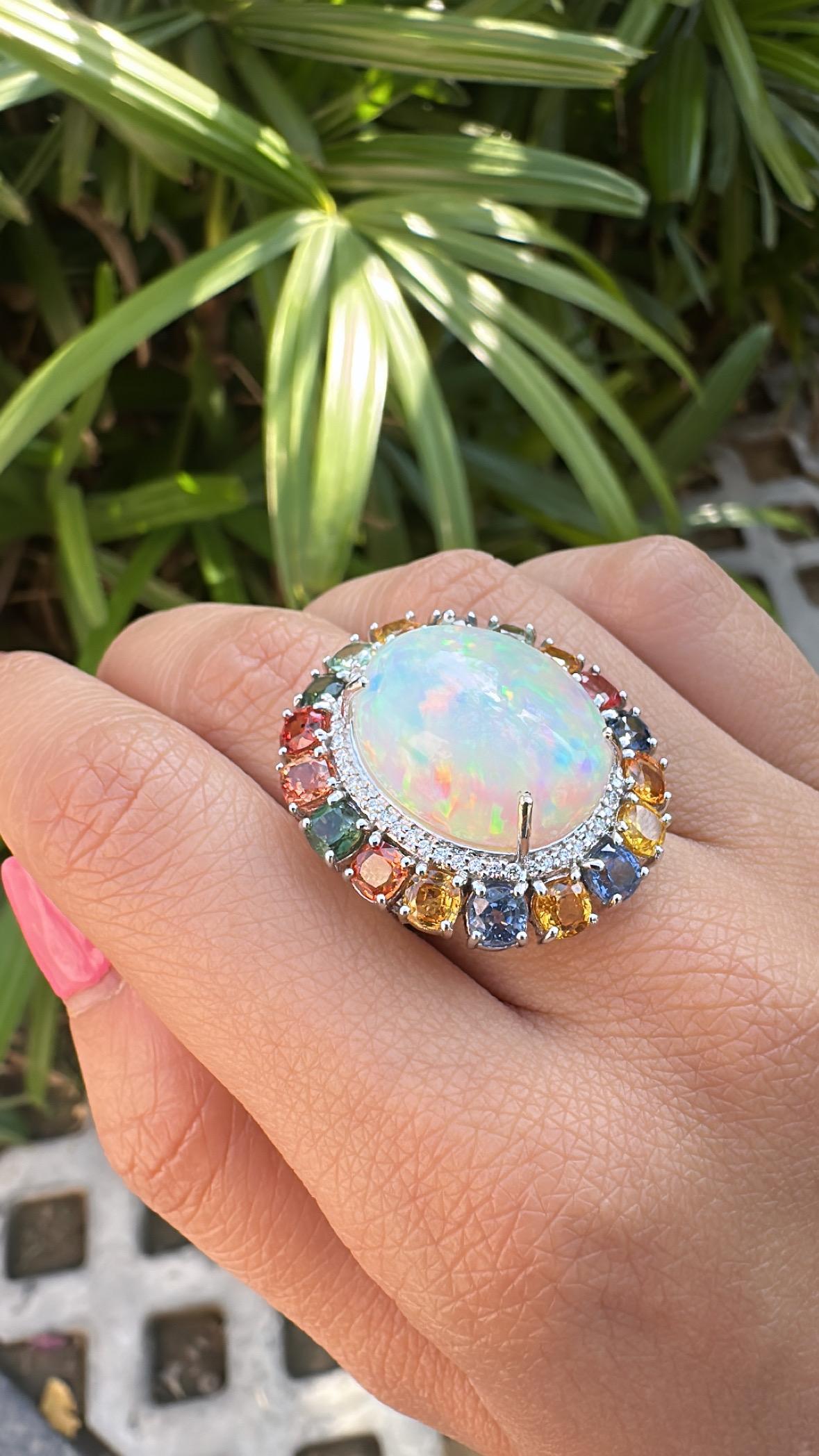 Set in 18K Gold, Ethiopian Opal, Ceylon Multi Sapphires & Diamond Cocktail Ring For Sale 1