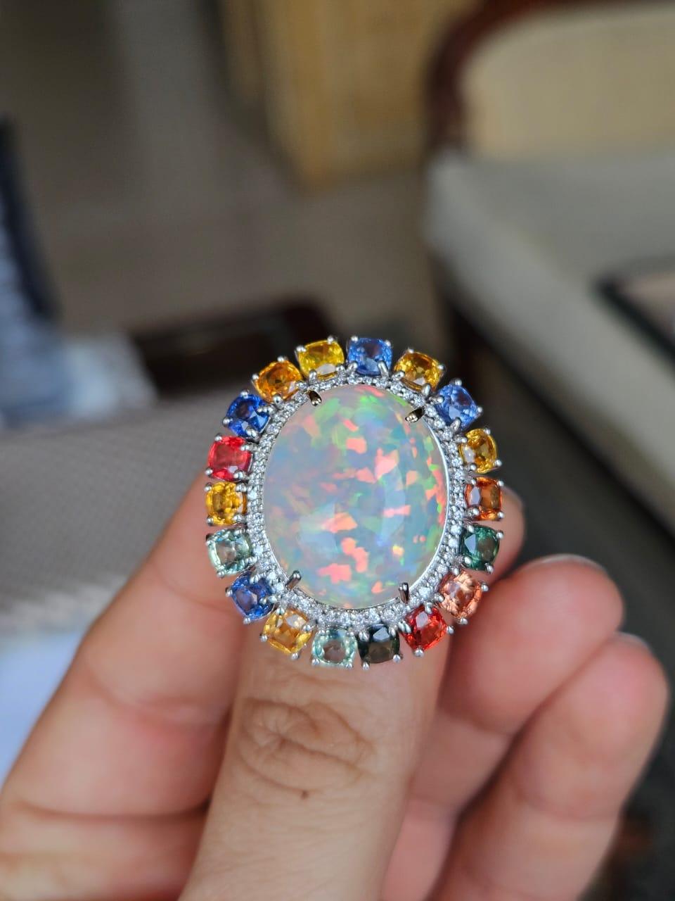 Set in 18K Gold, Ethiopian Opal, Ceylon Multi Sapphires & Diamond Cocktail Ring For Sale 2