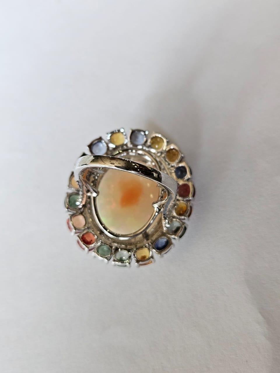 Set in 18K Gold, Ethiopian Opal, Ceylon Multi Sapphires & Diamond Cocktail Ring For Sale 3