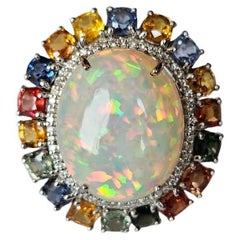 Set in 18K Gold, Ethiopian Opal, Ceylon Multi Sapphires & Diamond Cocktail Ring
