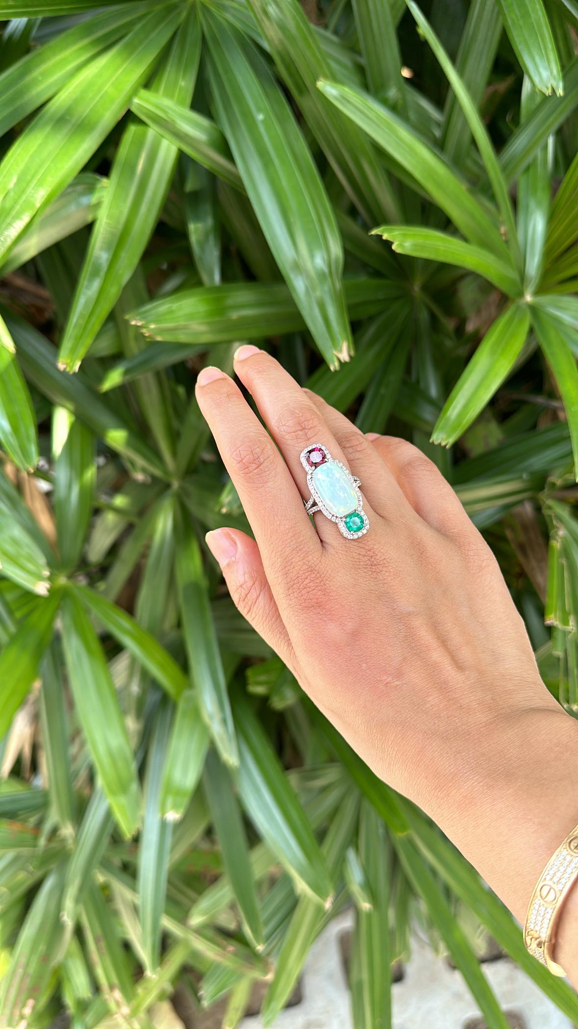 Set in 18K Gold, Ethiopian Opal, Emerald, Rubellite & Diamonds Cocktail Ring For Sale 4
