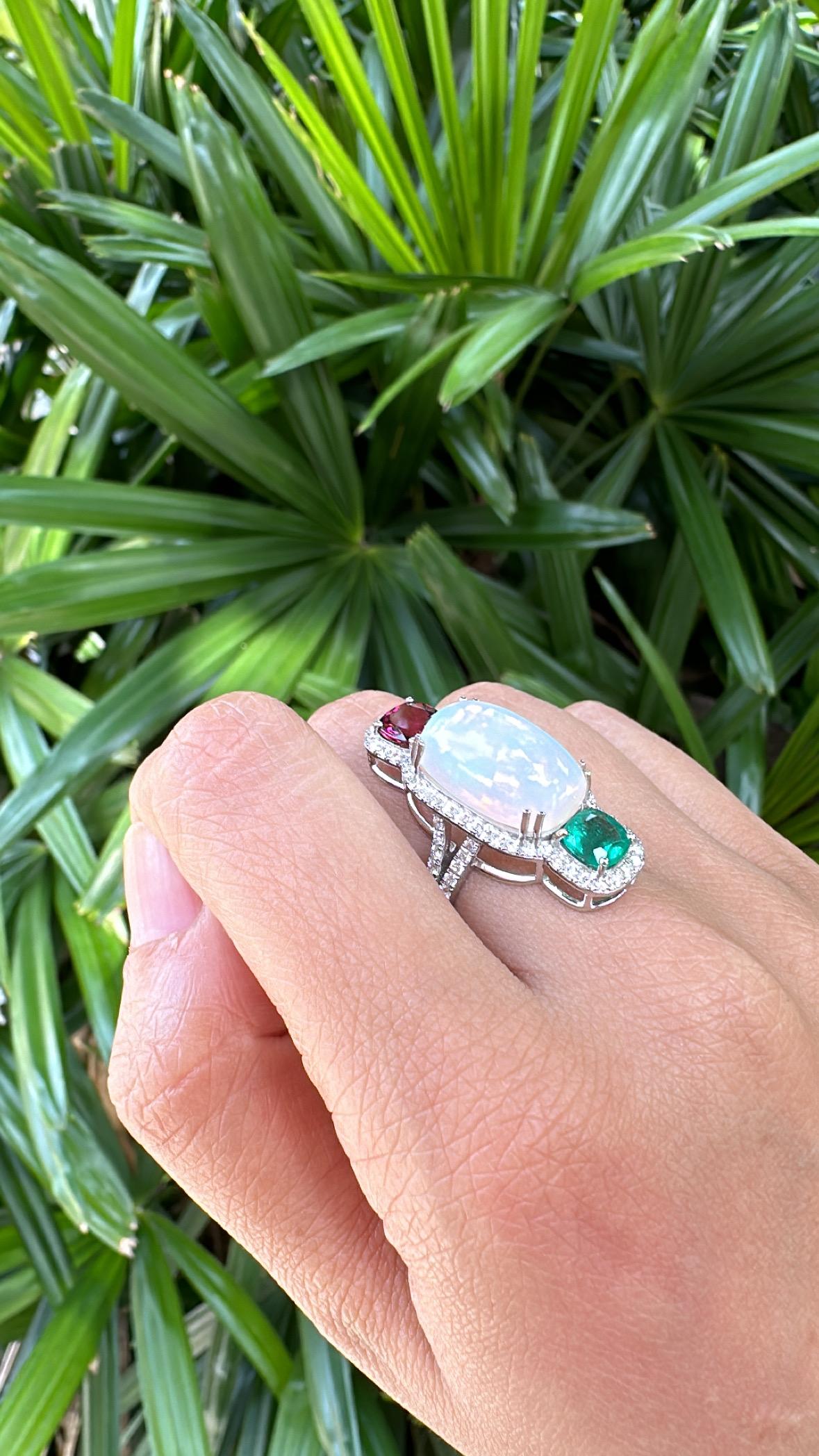 Set in 18K Gold, Ethiopian Opal, Emerald, Rubellite & Diamonds Cocktail Ring For Sale 5