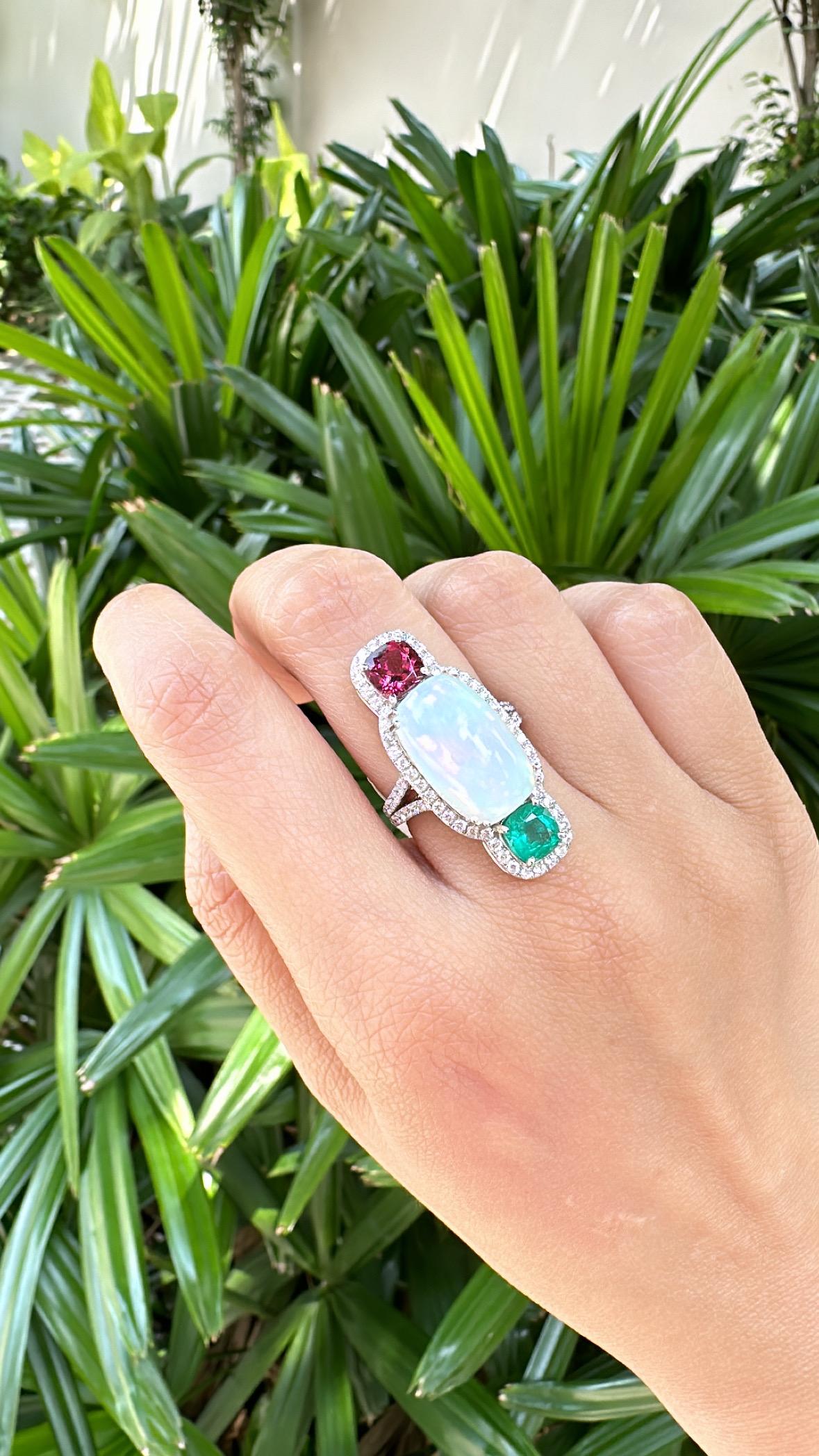 Set in 18K Gold, Ethiopian Opal, Emerald, Rubellite & Diamonds Cocktail Ring For Sale 6