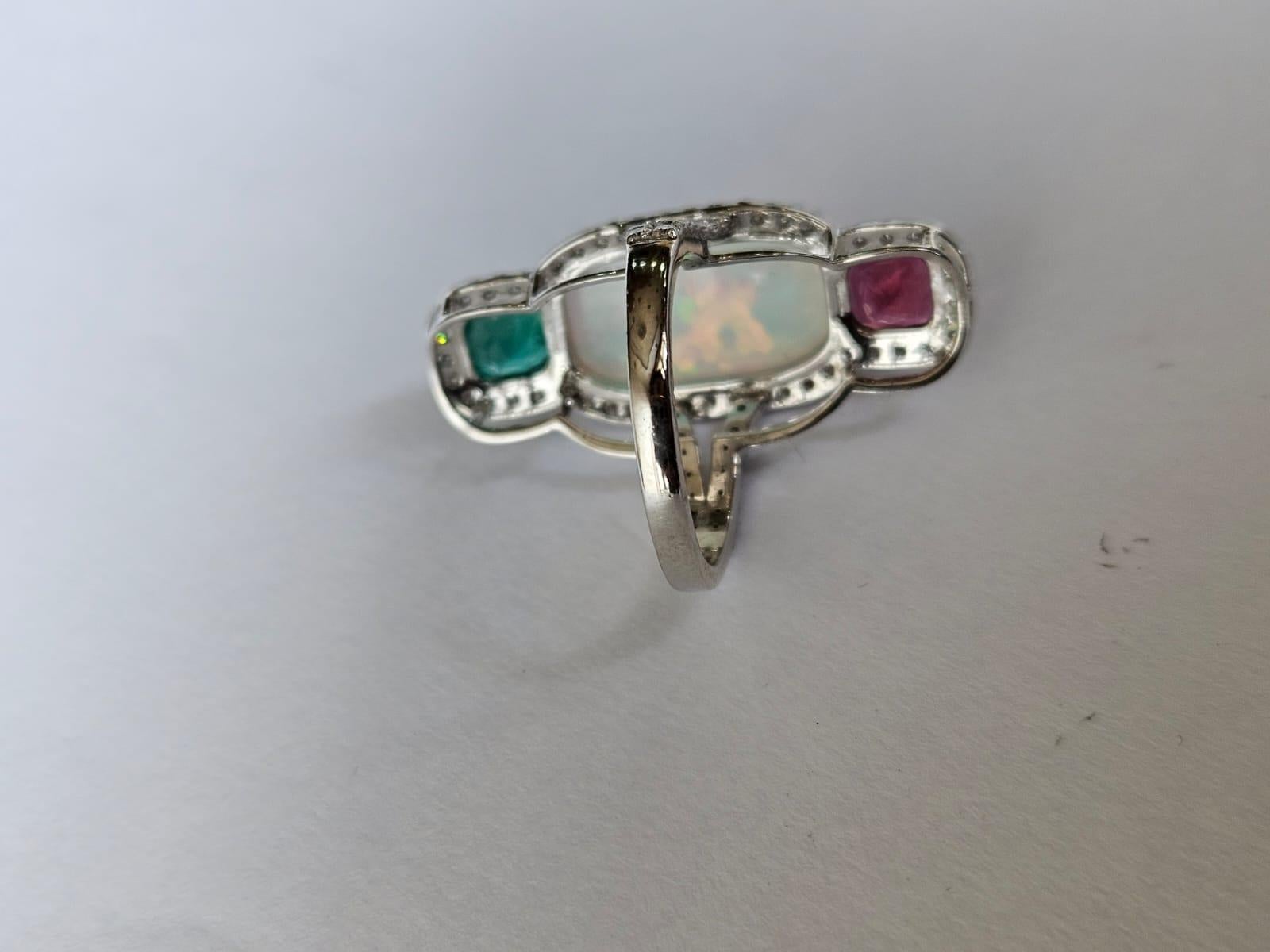 Modern Set in 18K Gold, Ethiopian Opal, Emerald, Rubellite & Diamonds Cocktail Ring For Sale