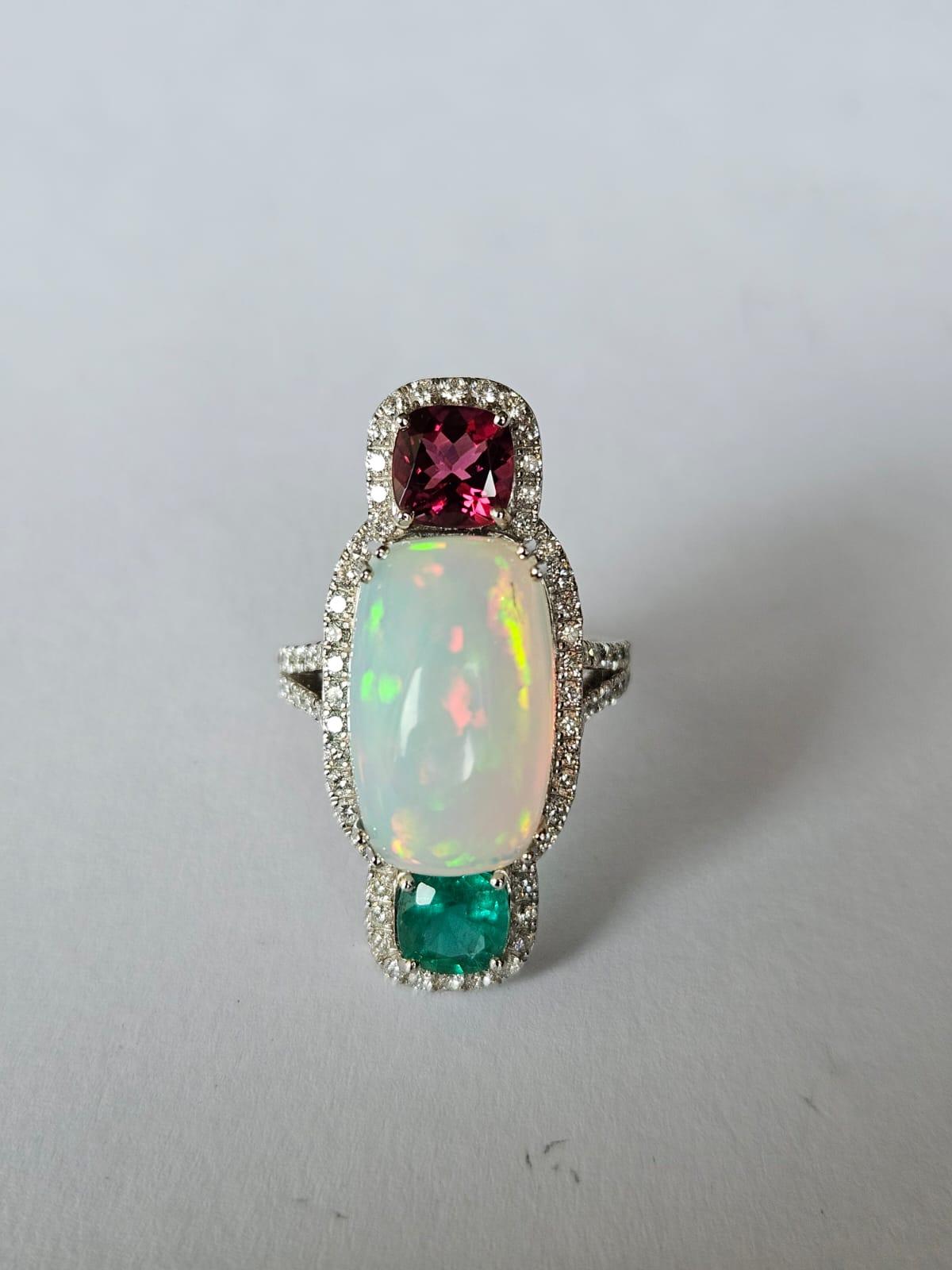 Set in 18K Gold, Ethiopian Opal, Emerald, Rubellite & Diamonds Cocktail Ring In New Condition For Sale In Hong Kong, HK