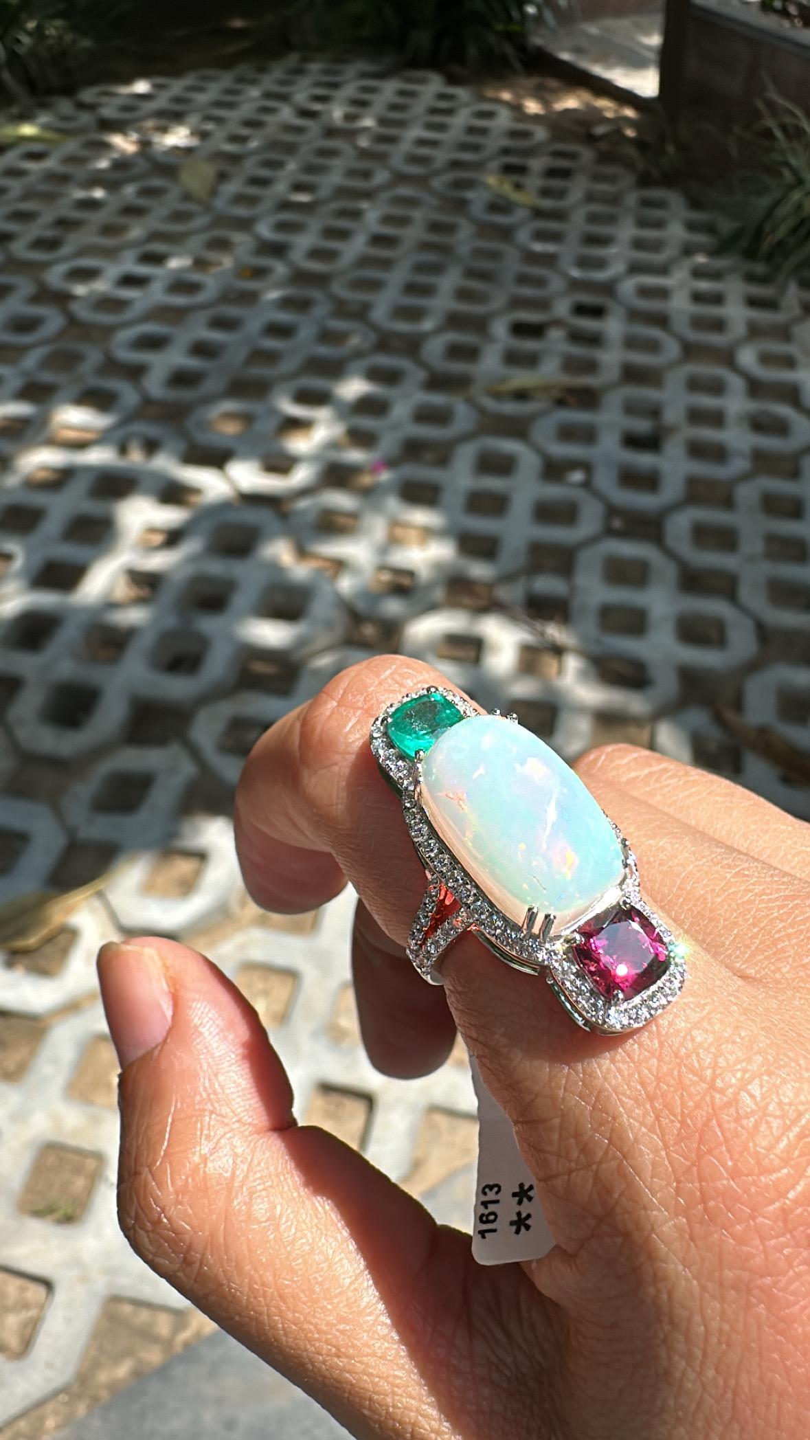 Women's or Men's Set in 18K Gold, Ethiopian Opal, Emerald, Rubellite & Diamonds Cocktail Ring For Sale