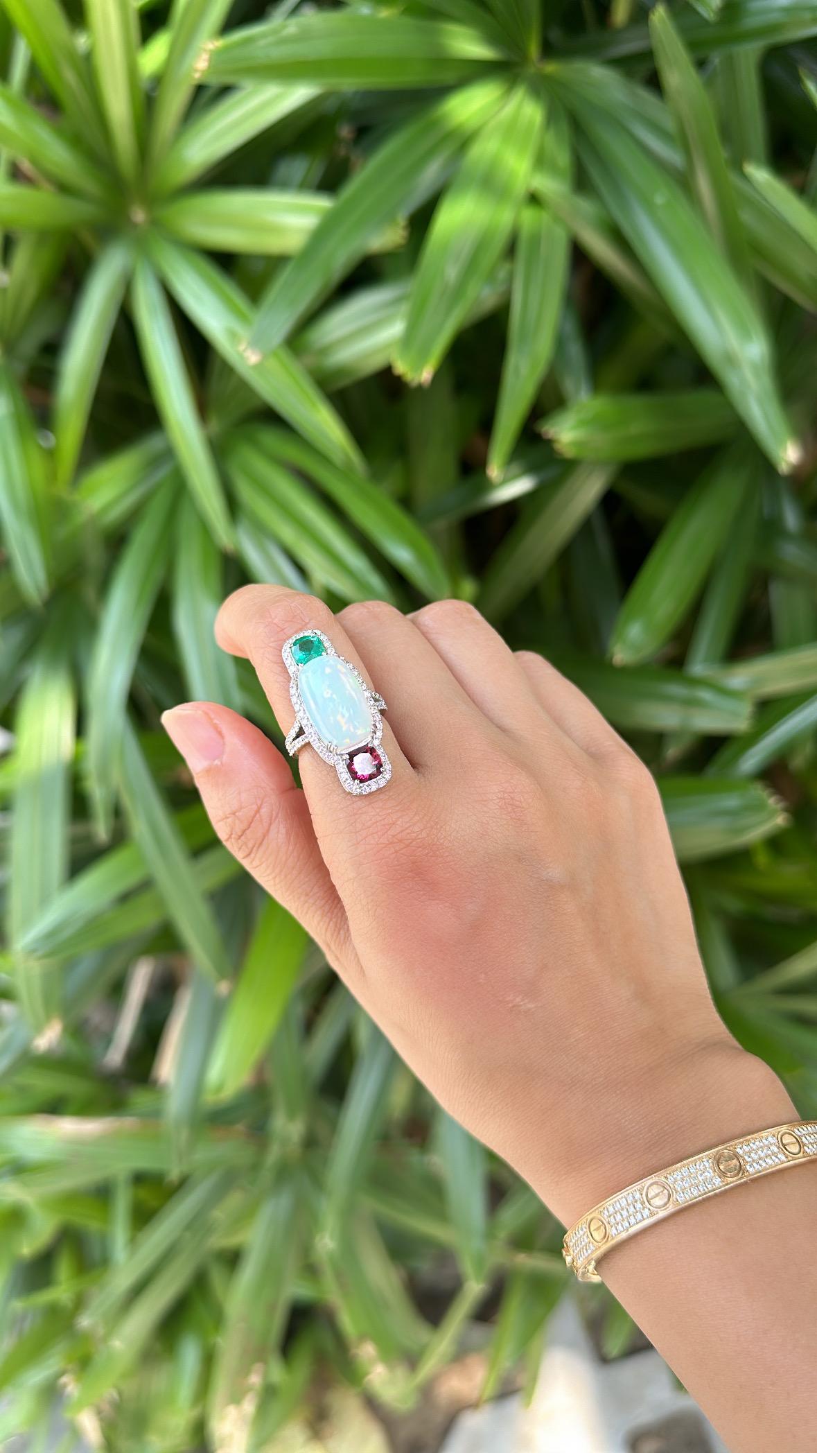 Set in 18K Gold, Ethiopian Opal, Emerald, Rubellite & Diamonds Cocktail Ring For Sale 1