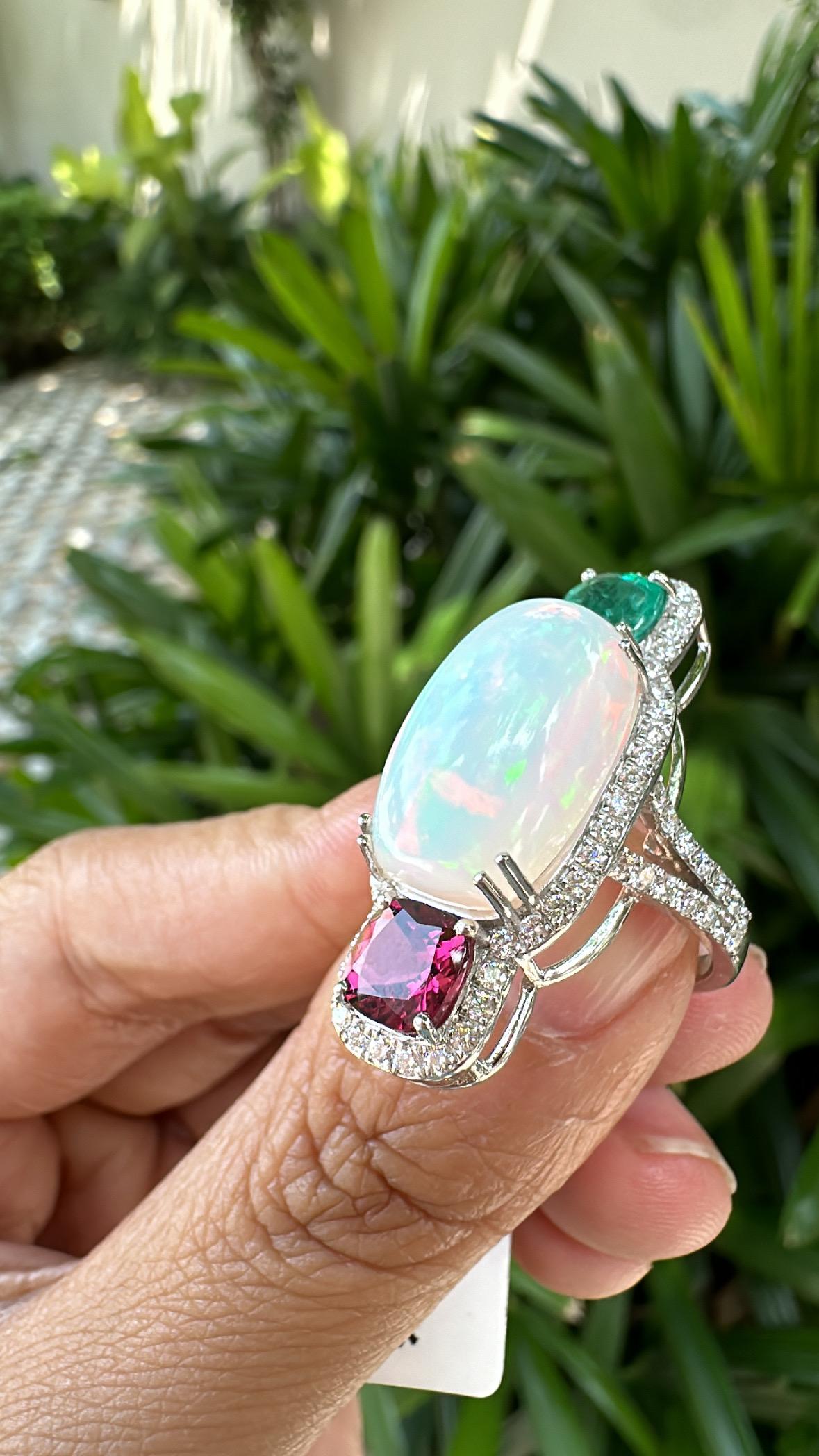Set in 18K Gold, Ethiopian Opal, Emerald, Rubellite & Diamonds Cocktail Ring For Sale 2