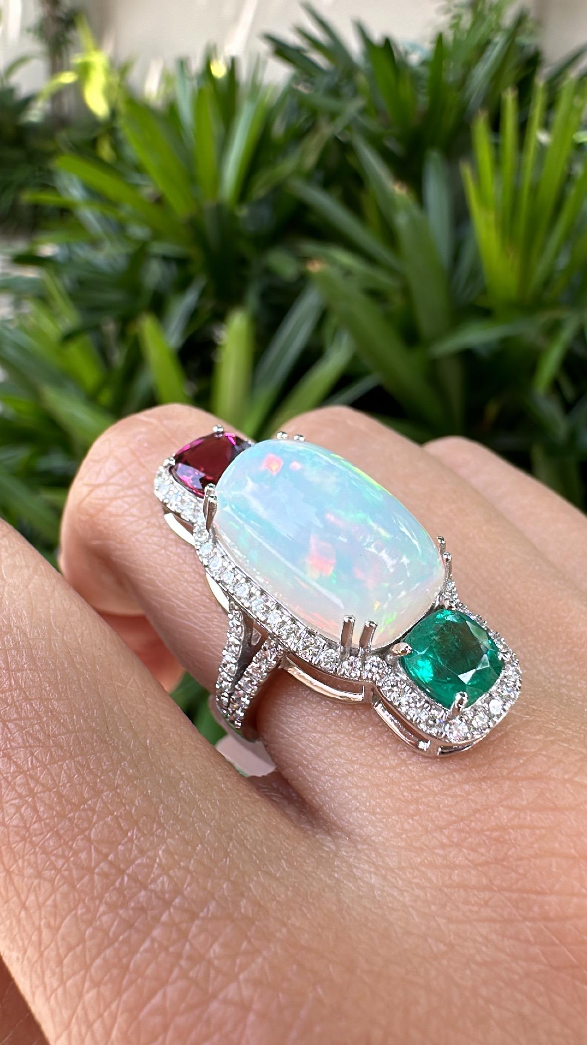 Set in 18K Gold, Ethiopian Opal, Emerald, Rubellite & Diamonds Cocktail Ring For Sale 3