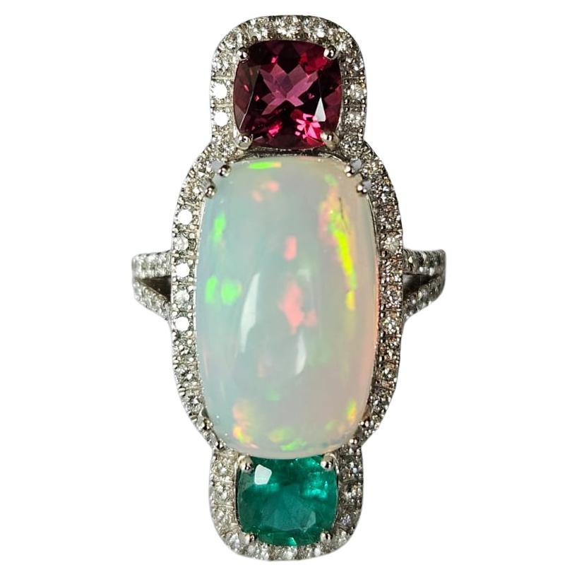 Set in 18K Gold, Ethiopian Opal, Emerald, Rubellite & Diamonds Cocktail Ring