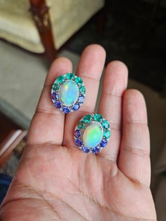 Set in 18K Gold, Ethiopian Opal, Emerald, Tanzanite & Diamonds Stud Earrings