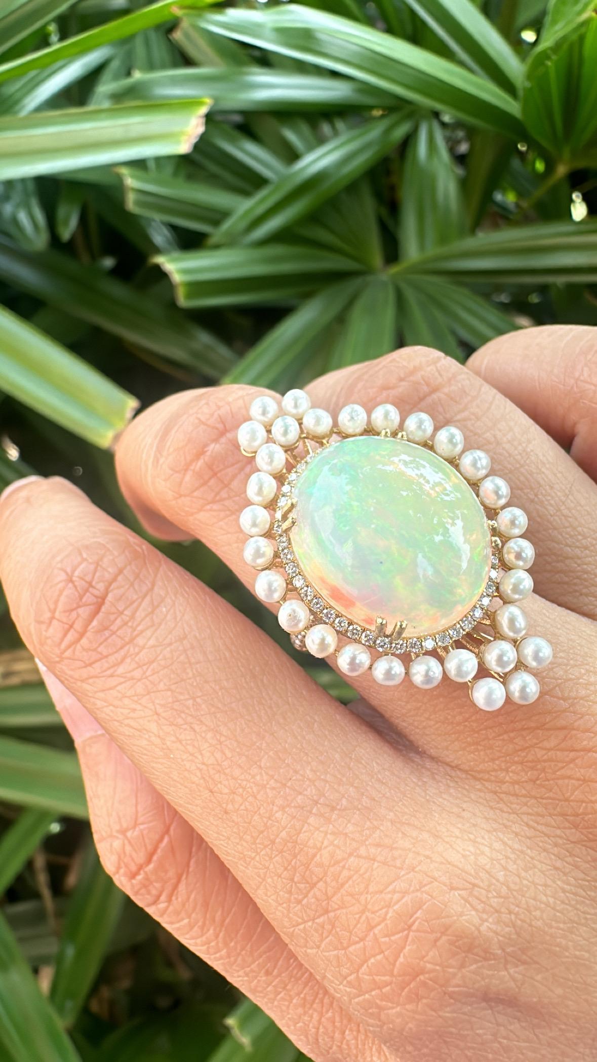 Set in 18K Gold, Ethiopian Opal, Freshwater Pearls & Diamonds Cocktail Ring For Sale 4