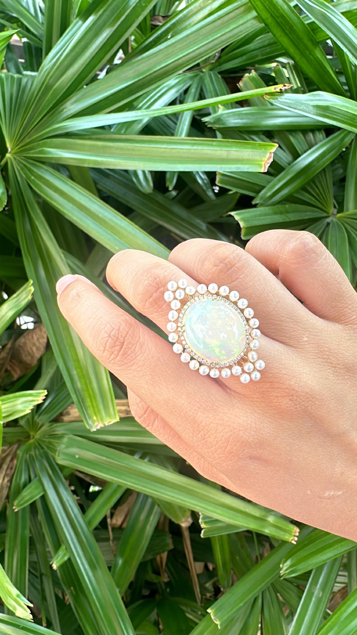 Set in 18K Gold, Ethiopian Opal, Freshwater Pearls & Diamonds Cocktail Ring For Sale 5