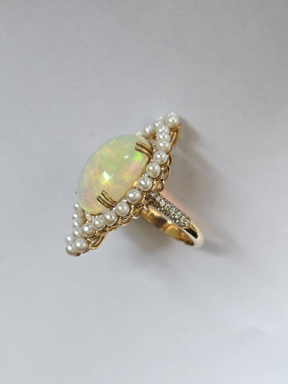 Cabochon Set in 18K Gold, Ethiopian Opal, Freshwater Pearls & Diamonds Cocktail Ring For Sale