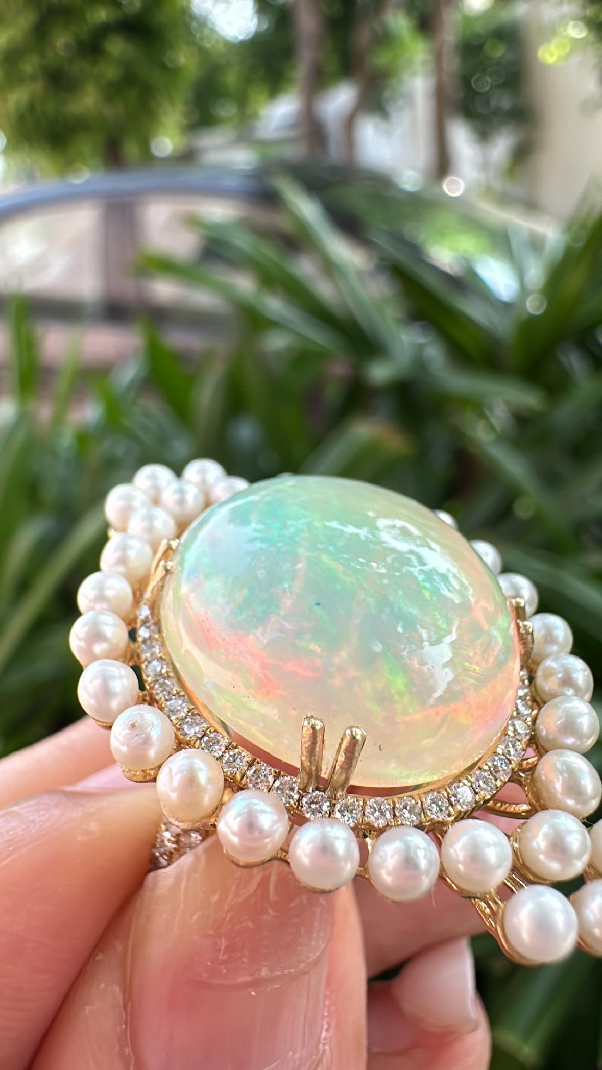 Women's or Men's Set in 18K Gold, Ethiopian Opal, Freshwater Pearls & Diamonds Cocktail Ring For Sale