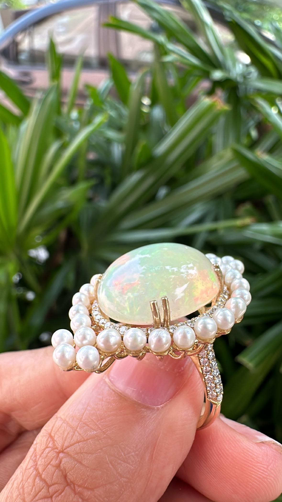Set in 18K Gold, Ethiopian Opal, Freshwater Pearls & Diamonds Cocktail Ring For Sale 1
