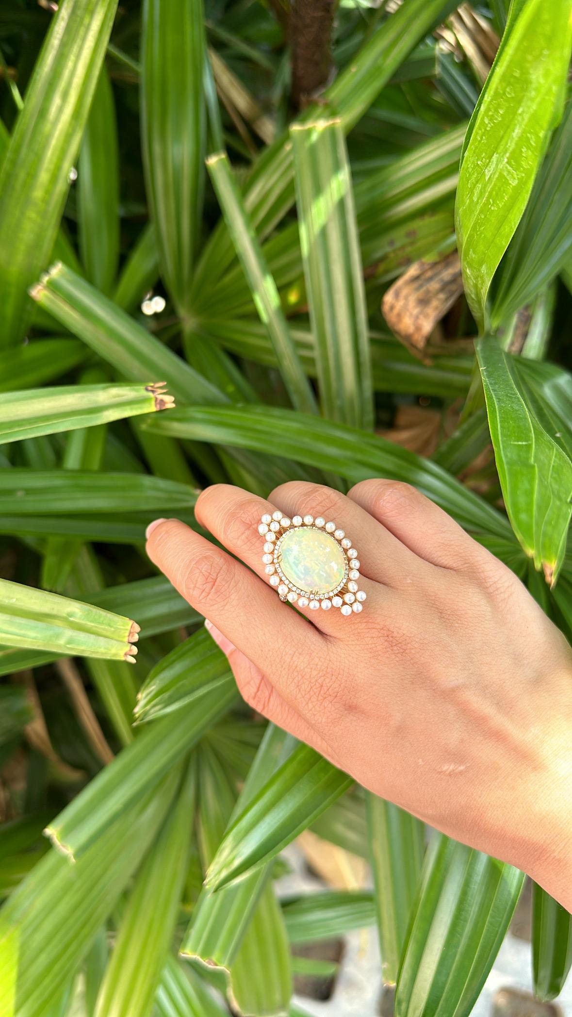Set in 18K Gold, Ethiopian Opal, Freshwater Pearls & Diamonds Cocktail Ring For Sale 2