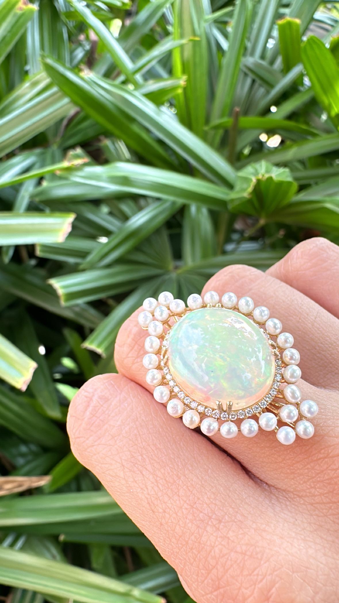 Set in 18K Gold, Ethiopian Opal, Freshwater Pearls & Diamonds Cocktail Ring For Sale 3