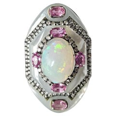 Ring aus 18 Karat Gold, äthiopischer Opal, Perlmutt, rosa Saphire und Diamanten