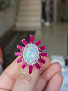 Set in 18K Gold, Ethiopian Opal, Mozambique Rubies & Diamonds Cocktail Dome Ring