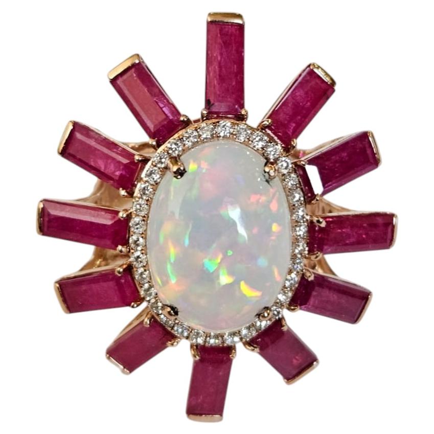 In 18K Gold gefasst, Äthiopischer Opal, Mosambik Rubine & Diamanten Cocktail-Kuppelring im Angebot
