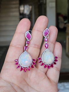 Set in 18K Gold, Ethiopian Opal, Mozambique Rubies & Diamonds Dangle Earrings