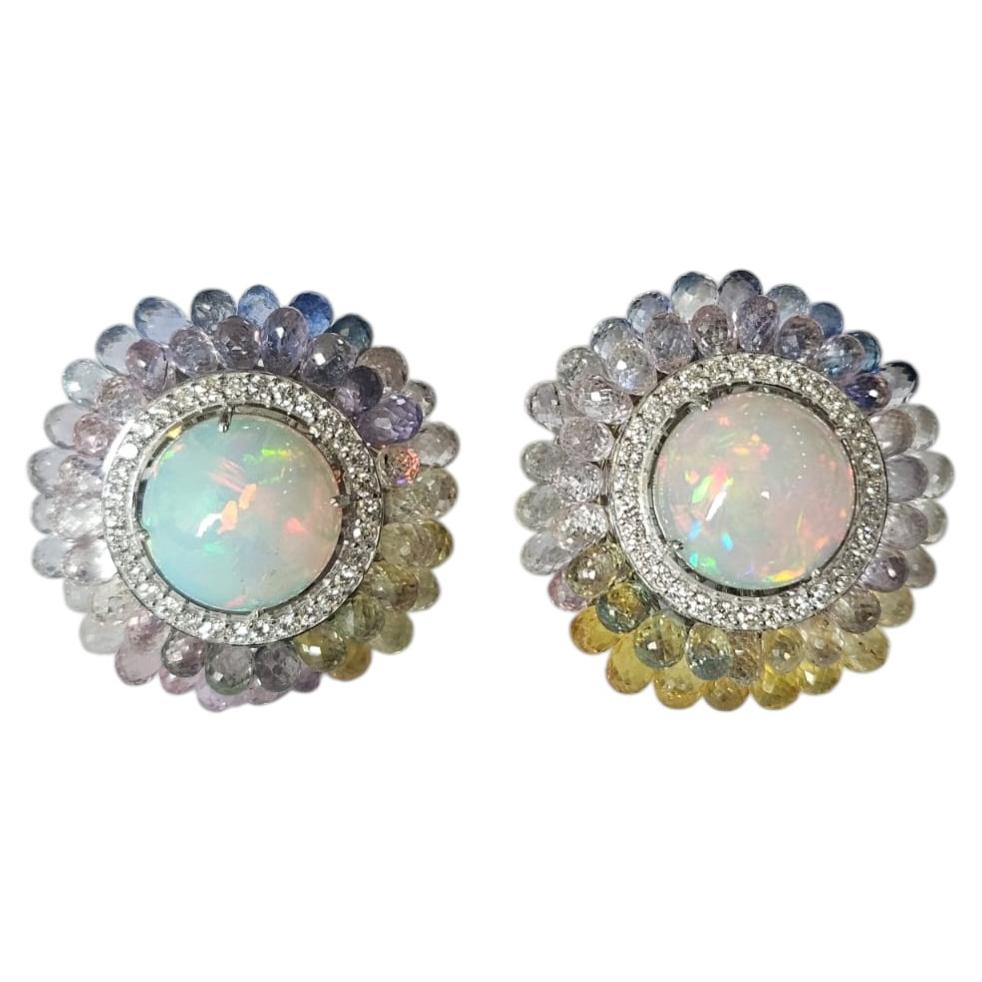 Set in 18K Gold, Ethiopian Opal, Multi Sapphire Briolette & Diamond Stud Earring