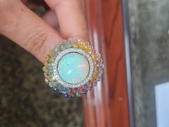 Set in 18K Gold, Ethiopian Opal, Multi Sapphire Briolettes & Diamonds Dome Ring