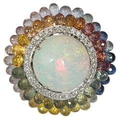 Set in 18K Gold, Ethiopian Opal, Multi Sapphire Briolettes & Diamonds Dome Ring