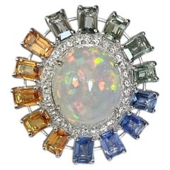 Set in 18K Gold, Ethiopian Opal, Multi Sapphires & Diamonds Cocktail Dome Ring