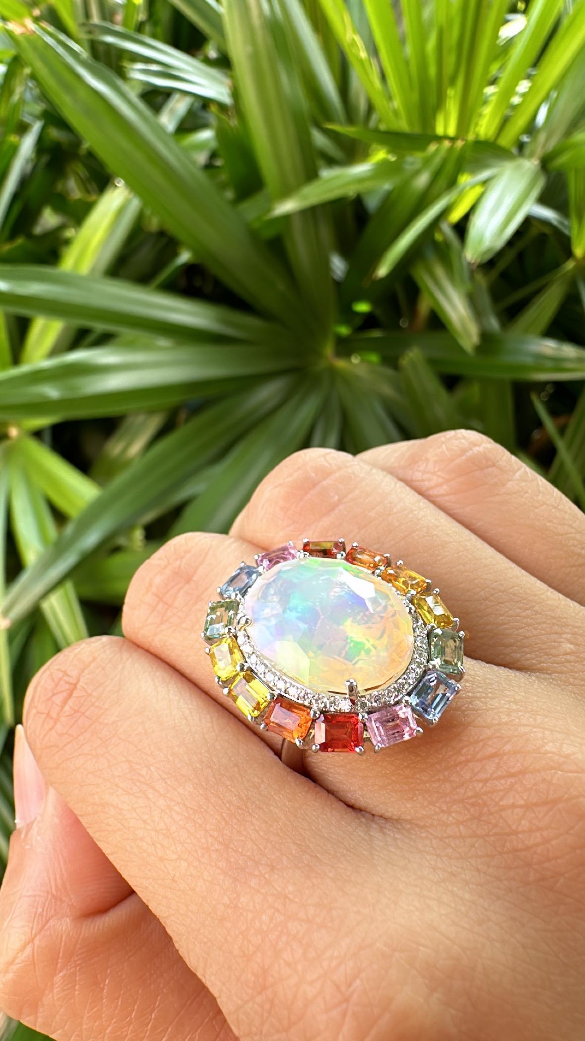 Cocktailring aus 18 Karat Gold, äthiopischem Opal, mehreren Saphiren und Diamanten 4