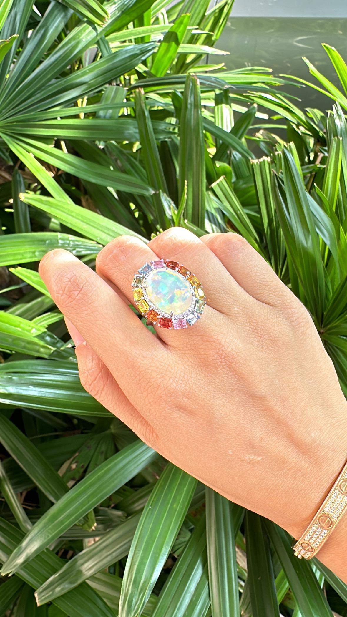 Cocktailring aus 18 Karat Gold, äthiopischem Opal, mehreren Saphiren und Diamanten 7