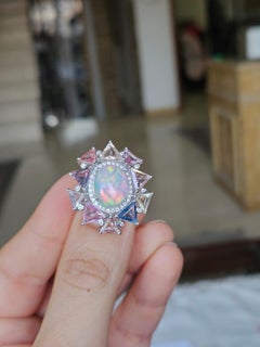 Set in 18K Gold, Ethiopian Opal, Multi Sapphires & Diamonds Cocktail Ring