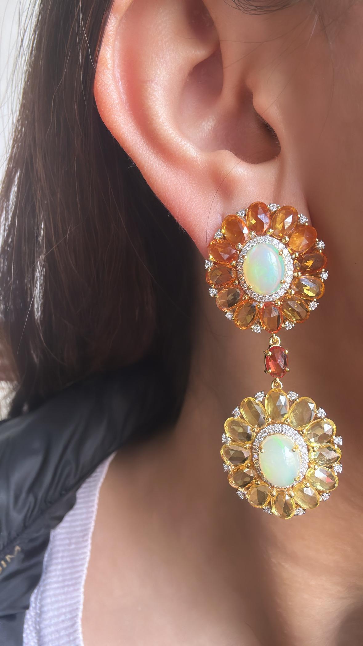 Set in 18K Gold, Ethiopian Opal, Multi Sapphires & Diamonds Dangle Earrings For Sale 4