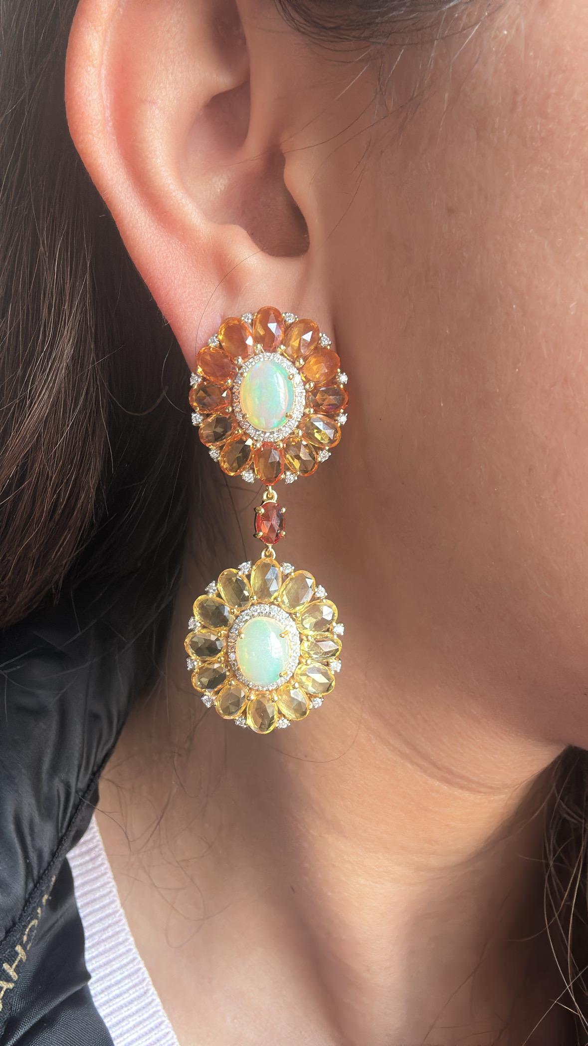 Set in 18K Gold, Ethiopian Opal, Multi Sapphires & Diamonds Dangle Earrings For Sale 6