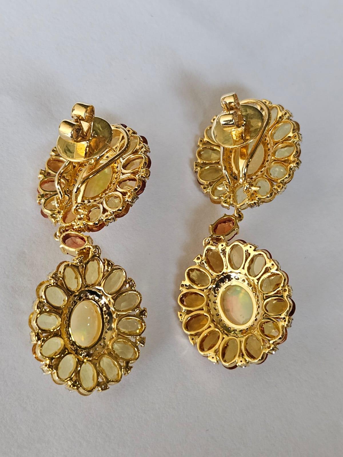 Modern Set in 18K Gold, Ethiopian Opal, Multi Sapphires & Diamonds Dangle Earrings For Sale