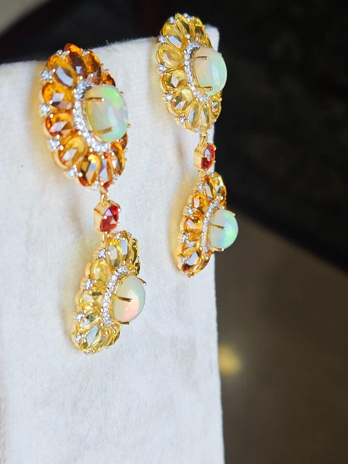 Rose Cut Set in 18K Gold, Ethiopian Opal, Multi Sapphires & Diamonds Dangle Earrings For Sale