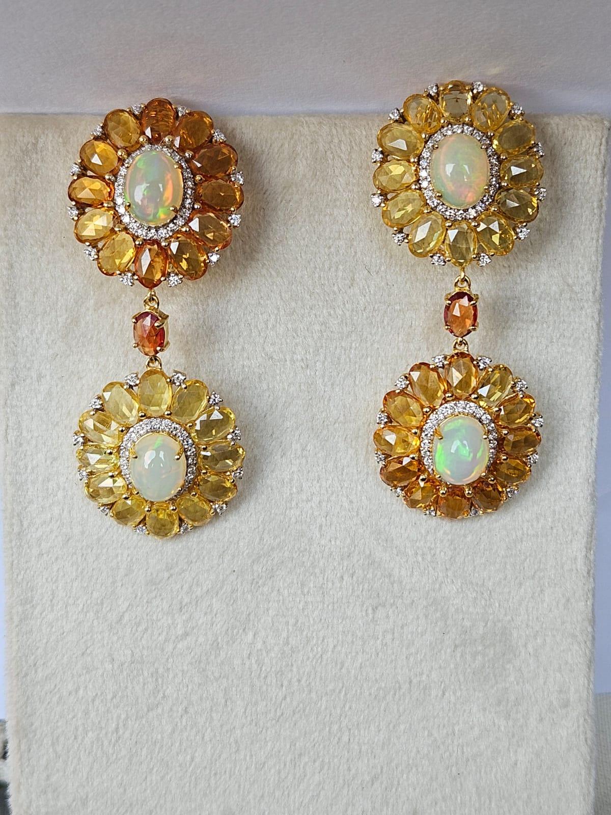 Set in 18K Gold, Ethiopian Opal, Multi Sapphires & Diamonds Dangle Earrings In New Condition For Sale In Hong Kong, HK