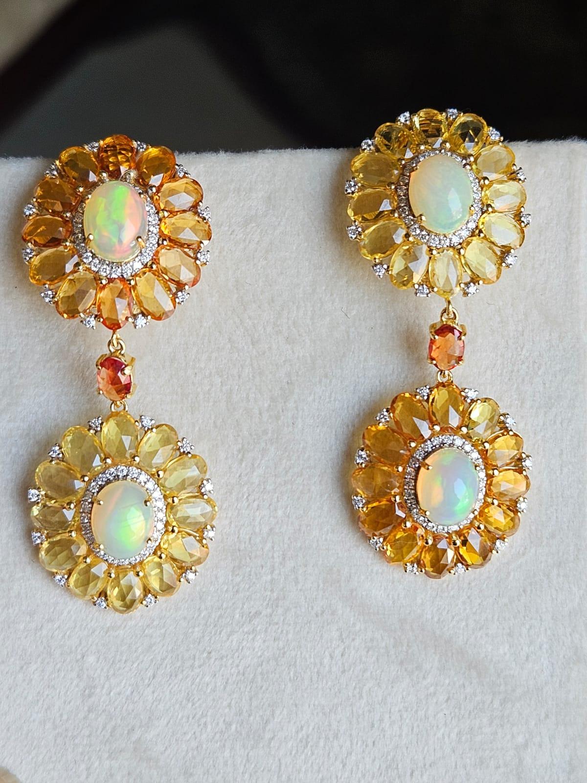 Women's or Men's Set in 18K Gold, Ethiopian Opal, Multi Sapphires & Diamonds Dangle Earrings For Sale