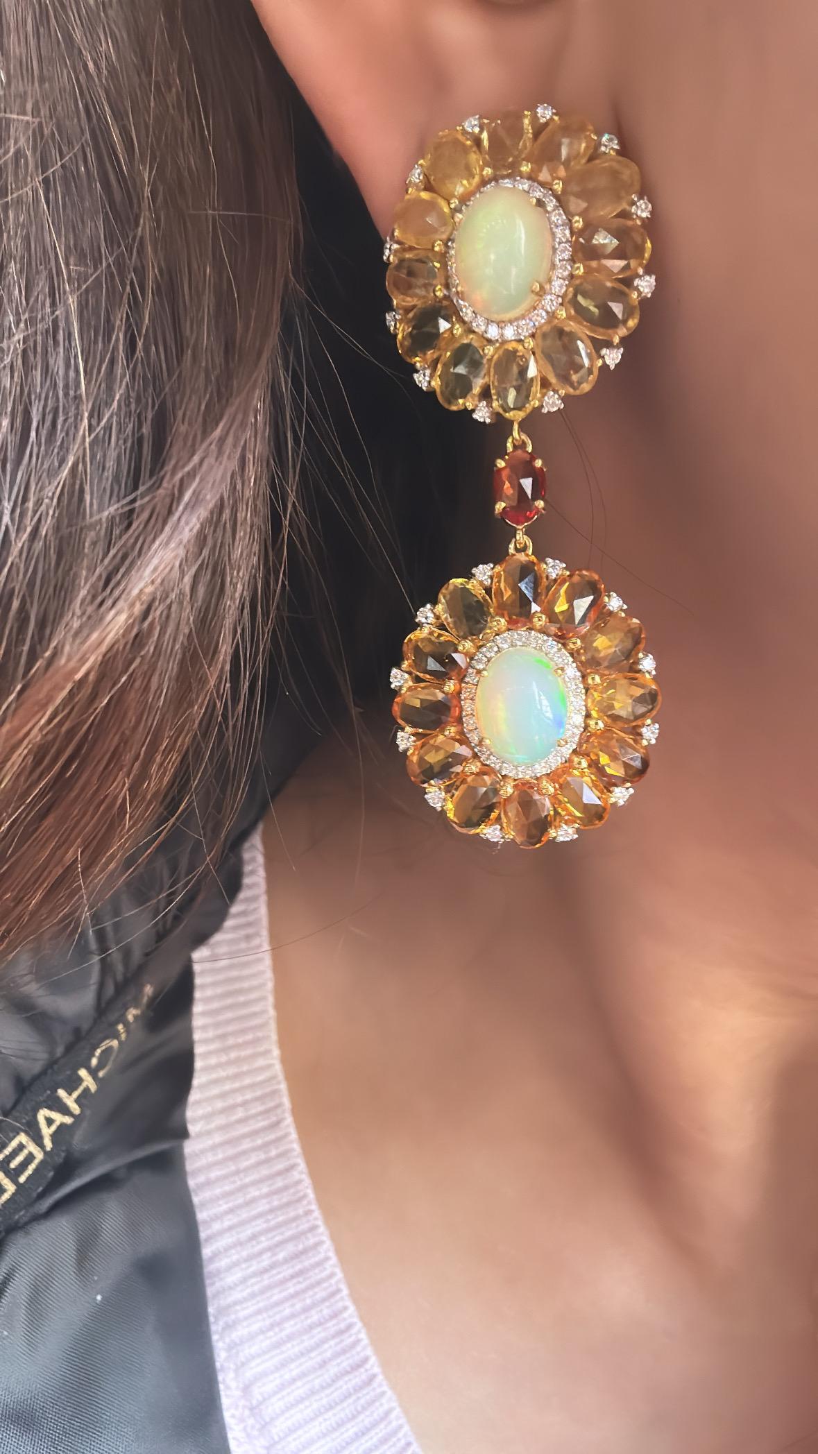 Set in 18K Gold, Ethiopian Opal, Multi Sapphires & Diamonds Dangle Earrings For Sale 1