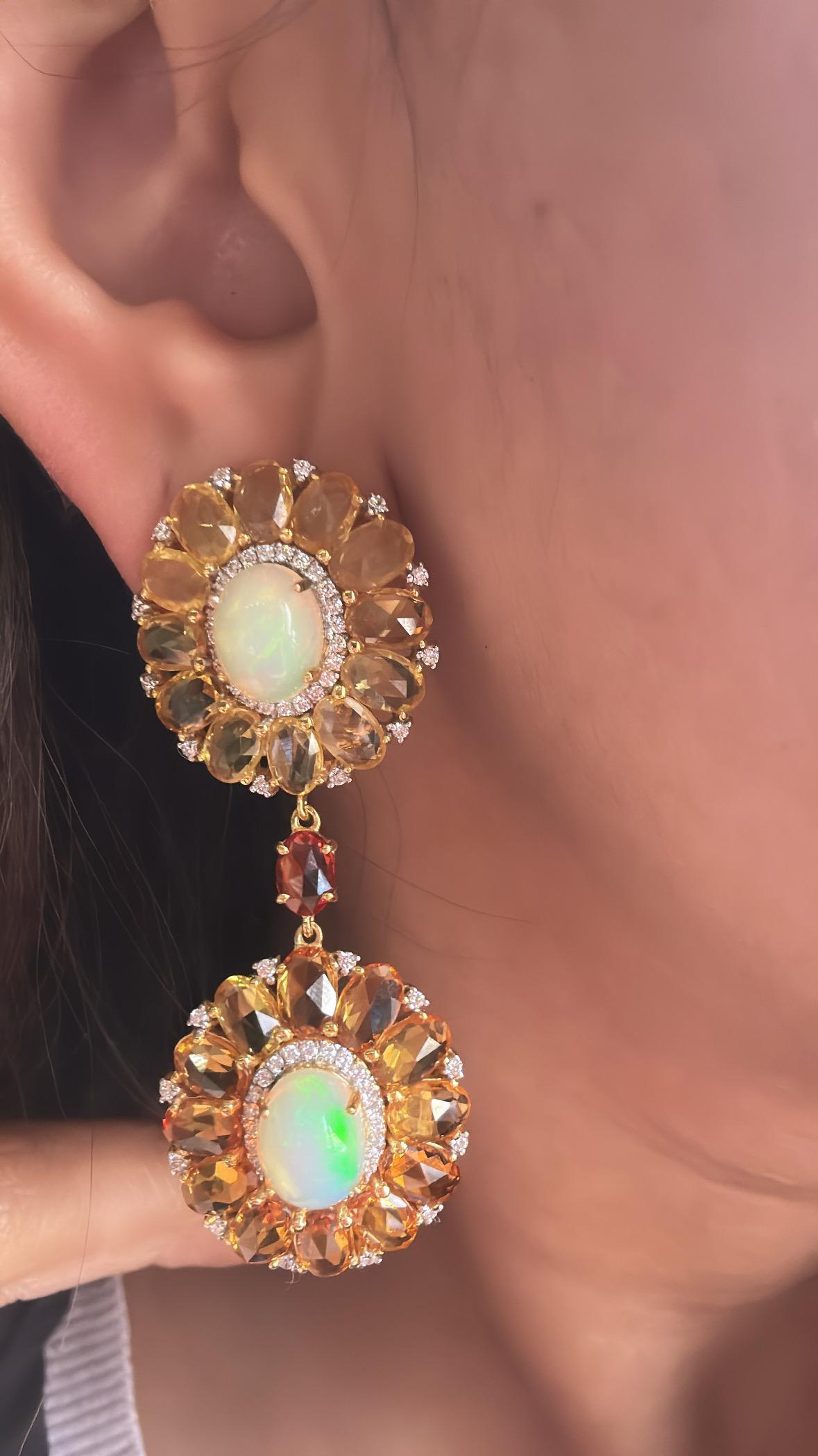 Set in 18K Gold, Ethiopian Opal, Multi Sapphires & Diamonds Dangle Earrings For Sale 2