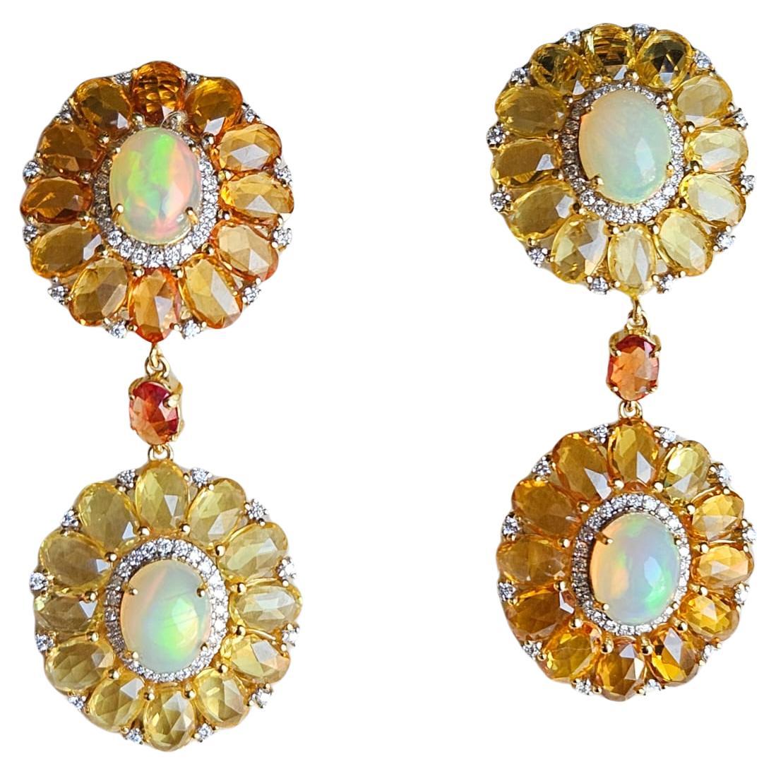 Set in 18K Gold, Ethiopian Opal, Multi Sapphires & Diamonds Dangle Earrings For Sale