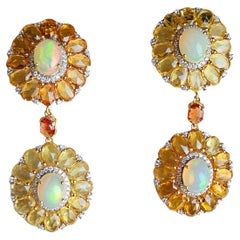 Retro Set in 18K Gold, Ethiopian Opal, Multi Sapphires & Diamonds Dangle Earrings